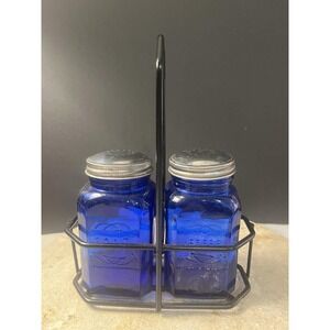 Vintage Cobalt Blue King's Crown Salt and Pepper Shakers with Carry Set